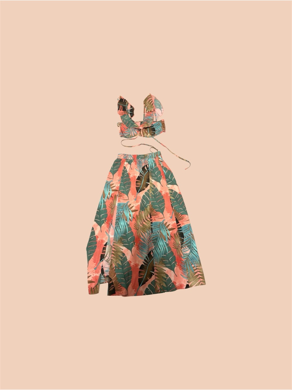 SHEIN Coral & Teal Tropical Leaf Two-Piece Girls Dress
